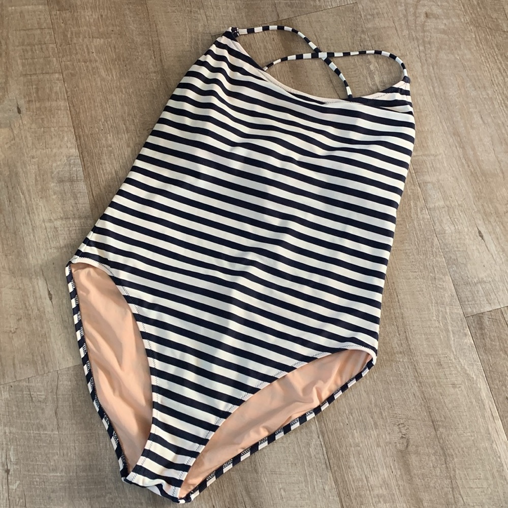 Nautical Sailor Stripe One Piece Tie Back Swimsuit Plus Size 16 J. Crew